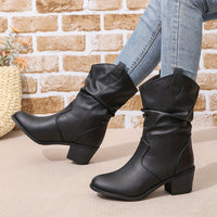 Mid Calf Women's Slouch Boots, Solid Color V-cut Slip On Cowgirl Low Heel Block Stacked Heels