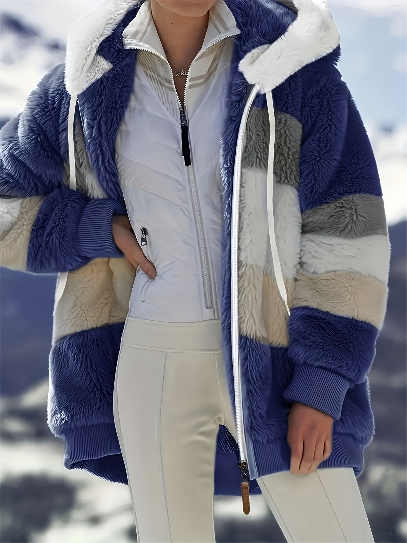 Ultra-Soft Color Block Fuzzy Hooded Coat - Stylish Winter Warm Outerwear with Full-Length Sleeves - Perfect for Casual Wear - Womens Clothing