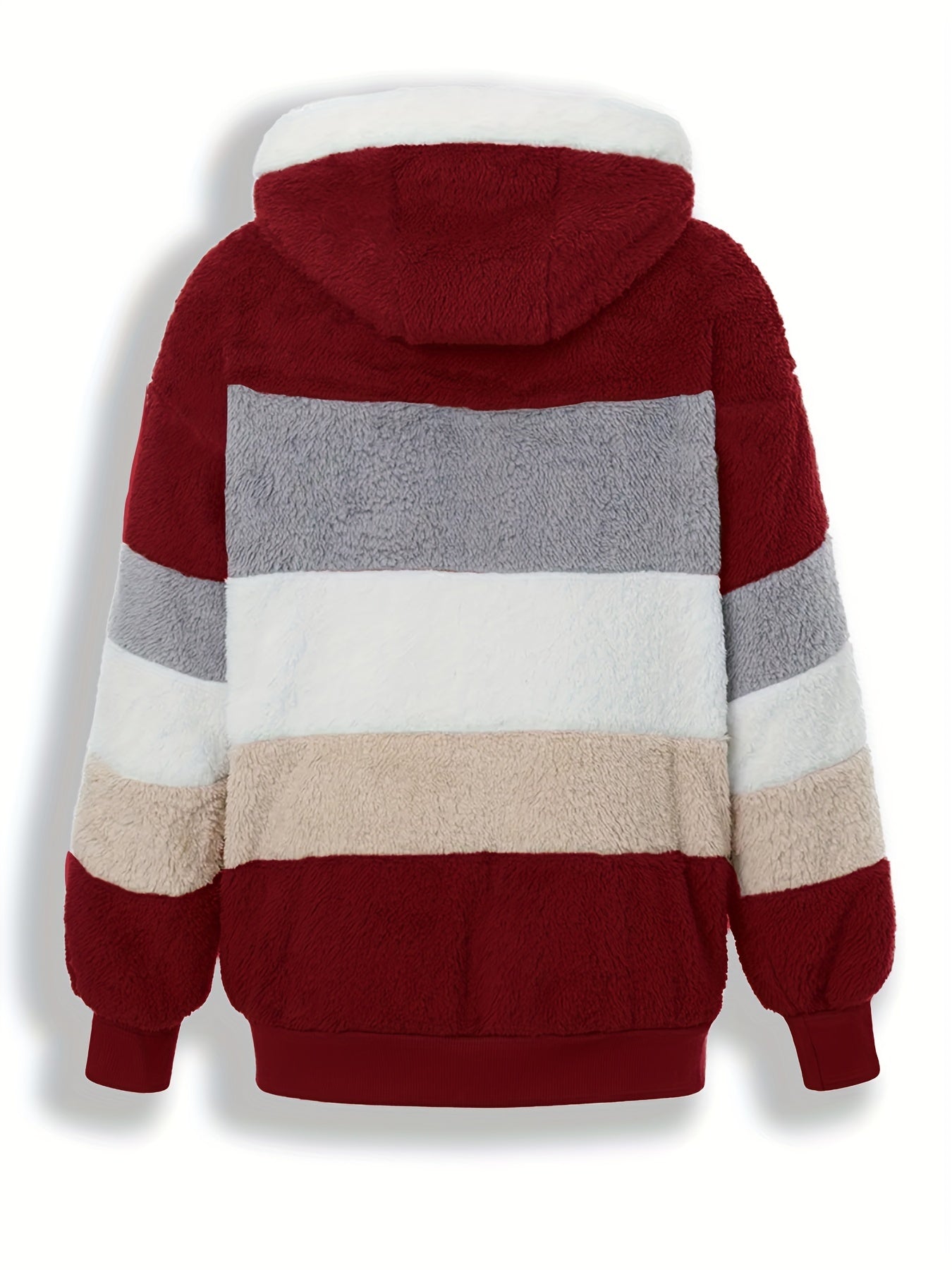 Plus Size Casual Coat, Women's Plus Colorblock Teddy Fleece Hooded Drawstring Zipper Long Sleeve Loose Fit Coat With Pockets
