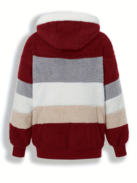 Plus Size Casual Coat, Women's Plus Colorblock Teddy Fleece Hooded Drawstring Zipper Long Sleeve Loose Fit Coat With Pockets