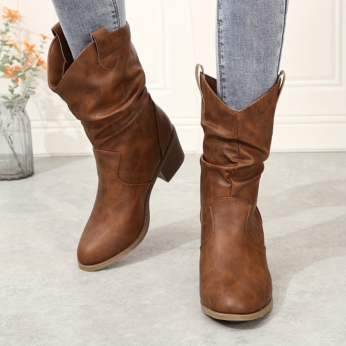 Mid Calf Women's Slouch Boots, Solid Color V-cut Slip On Cowgirl Low Heel Block Stacked Heels