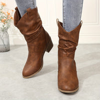 Mid Calf Women's Slouch Boots, Solid Color V-cut Slip On Cowgirl Low Heel Block Stacked Heels