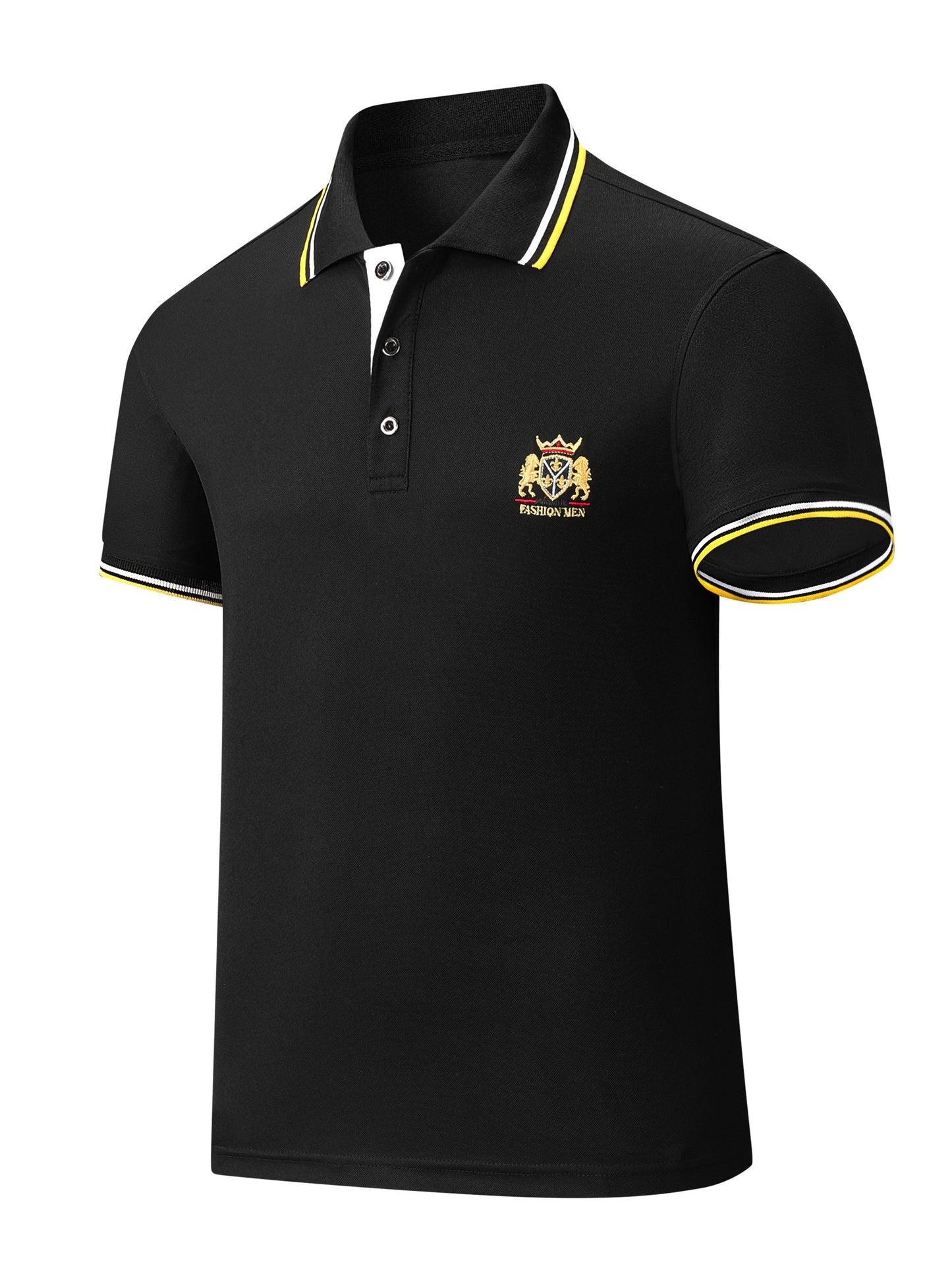 Men's Casual Shirt - Vibrant Red with Golden Embroidered Crest, Short Sleeve Summer Shirt, Regular Fit, Black & Yellow Trim Collar, Breathable Fabric for Casual & Semi-Formal Wear, Contrast Stripe Detailing