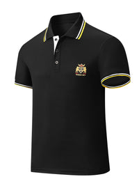 Men's Casual Shirt - Vibrant Red with Golden Embroidered Crest, Short Sleeve Summer Shirt, Regular Fit, Black & Yellow Trim Collar, Breathable Fabric for Casual & Semi-Formal Wear, Contrast Stripe Detailing