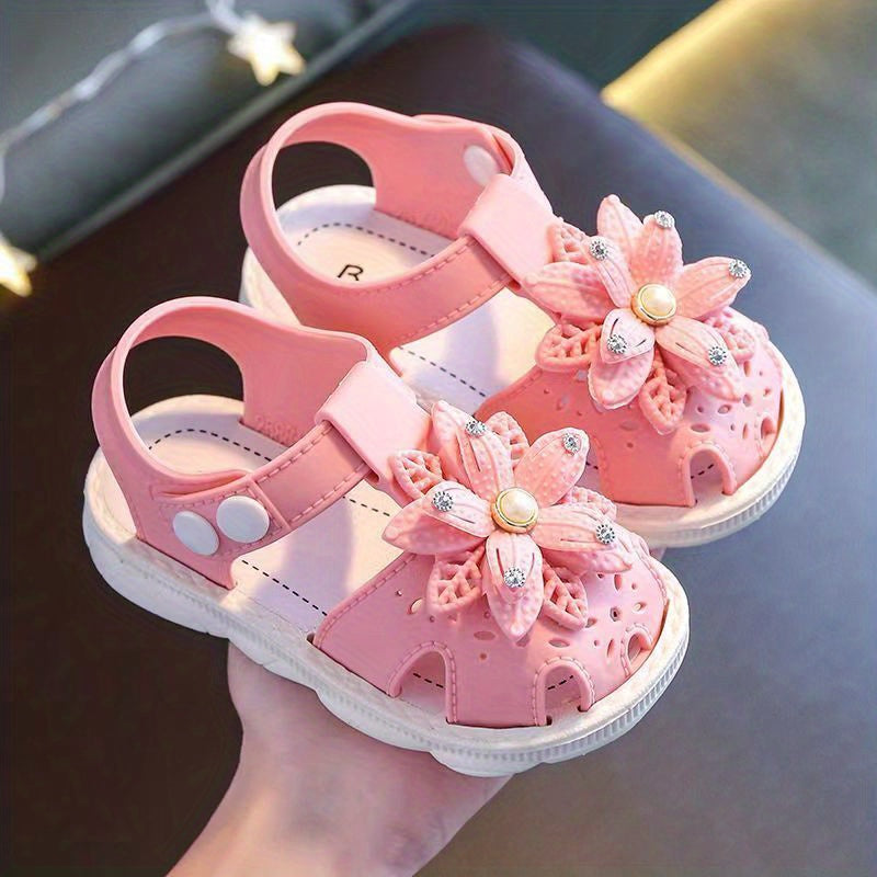 Girls Baby Flower Trendy Breathable Closed Toe Sandals, Lightweight Soft Sandals Crib Shoes For Indoor Outdoor Spring