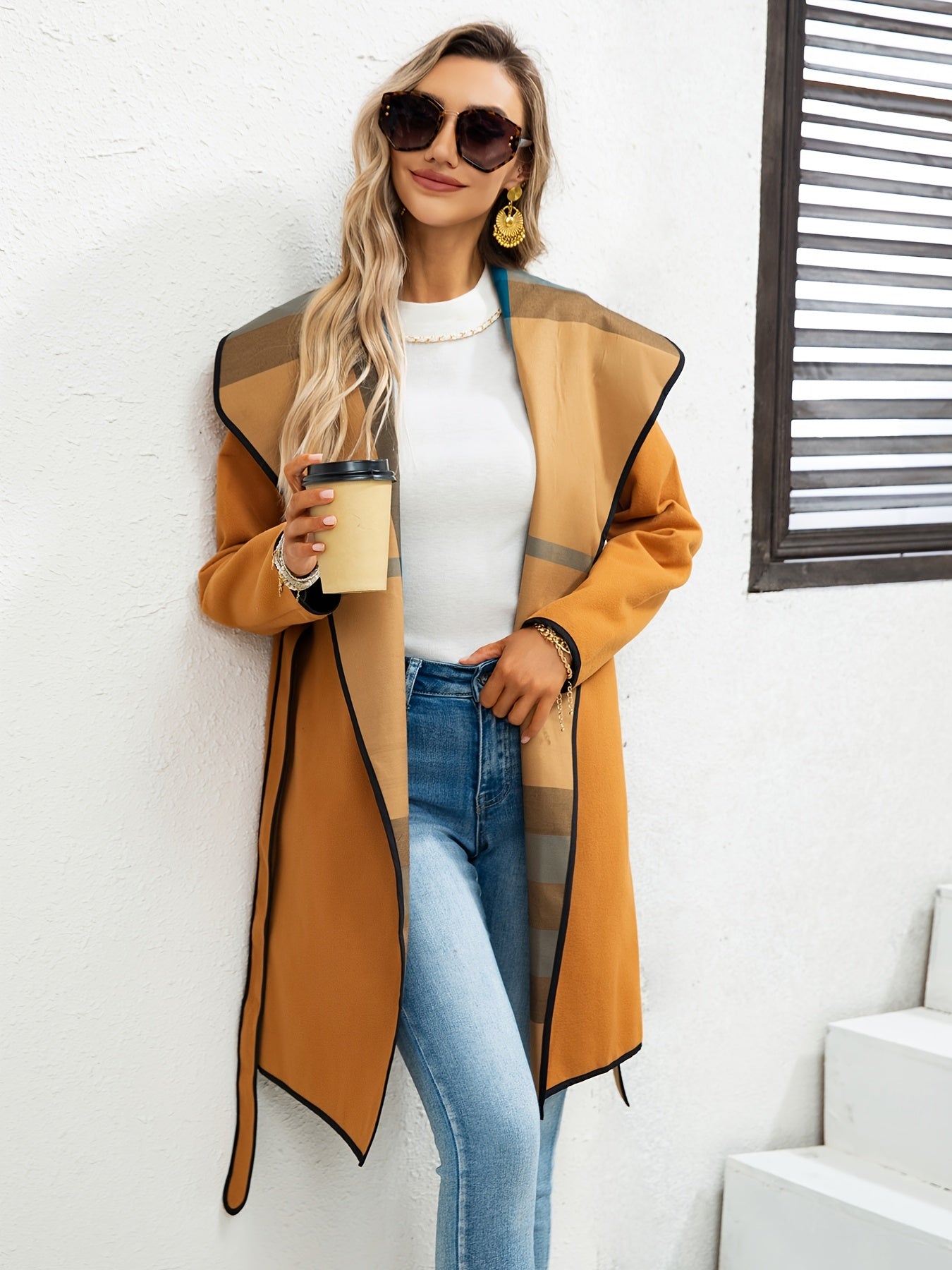 Waterfall Collar Contrast Trim Coat, Casual Open Front Long Sleeve Outerwear, Women's Clothing