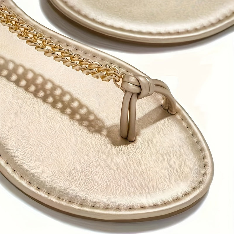 Women's Metal Chain Flat Sandals - Fashion Toe Loop Ankle Strap Summer Shoes - Stylish Beach Party Sandals - For Women -  Suitable for Summer - Perfect Gift for Fashionistas
