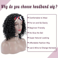Headband Wigs 14 Inch Kinky Curly Headband Wigs For Women Synthetic Half Wig With Headband Attached No Lace Natural Black Curly Headband Wigs For Cosplay Party Daily Use
