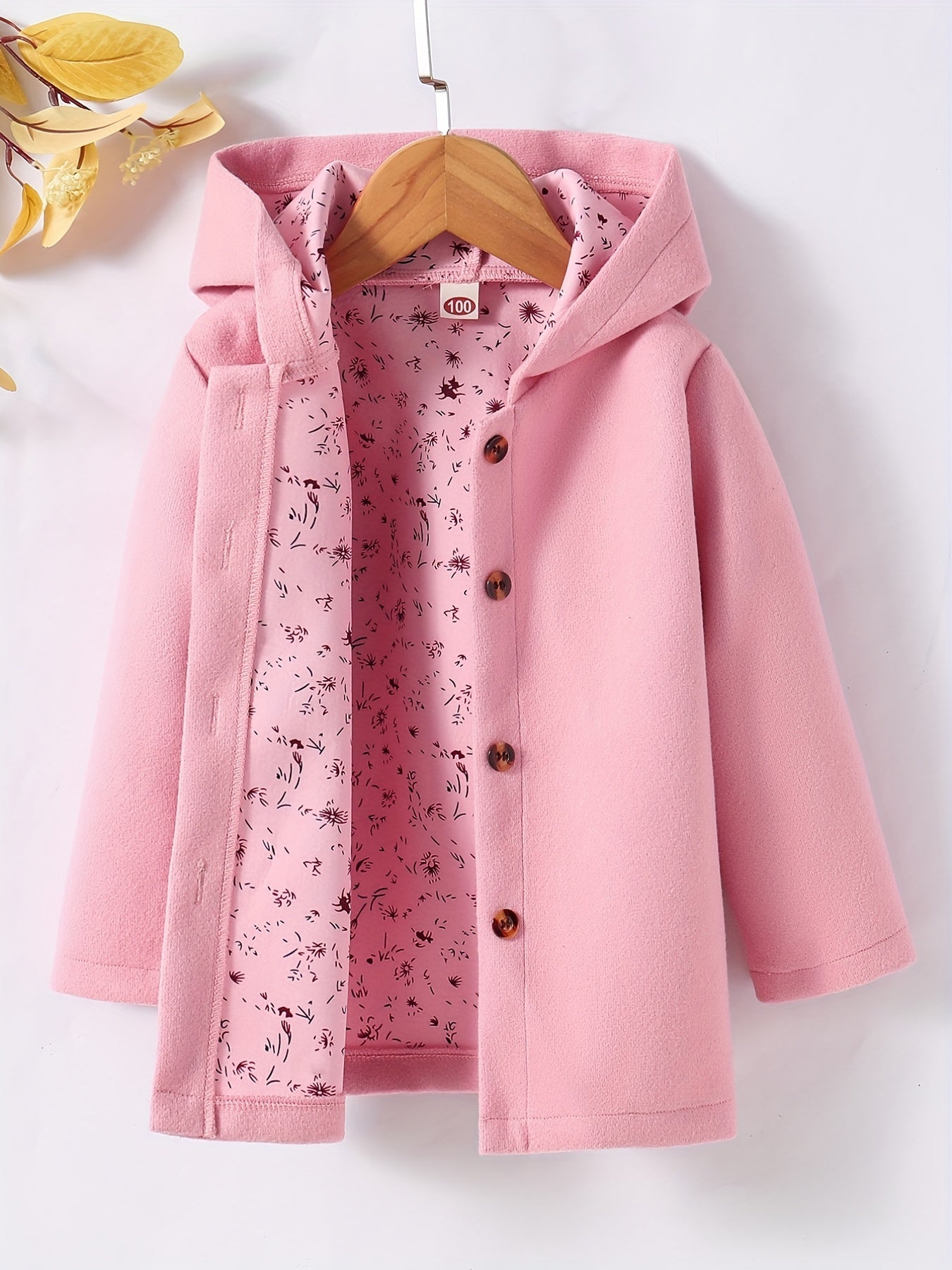 Baby Girls Toddler Girls Casual & Elegant Hooded Coat Floral Print Button Design Hoodies For Autumn And Winter