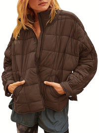 Zip Up Solid Coat, Casual Long Sleeve Winter Warm Versatile Outerwear, Women's Clothing