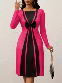 Women's Elegant Pink & Black Colorblock Bow Accent Dress - Round Neck Short Sleeve A-Line Silhouette, Machine Washable Fall Party Wedding Guest Dress with Structured Waist, Versatile Casual to Semi-Formal Outfit, Autumn New F