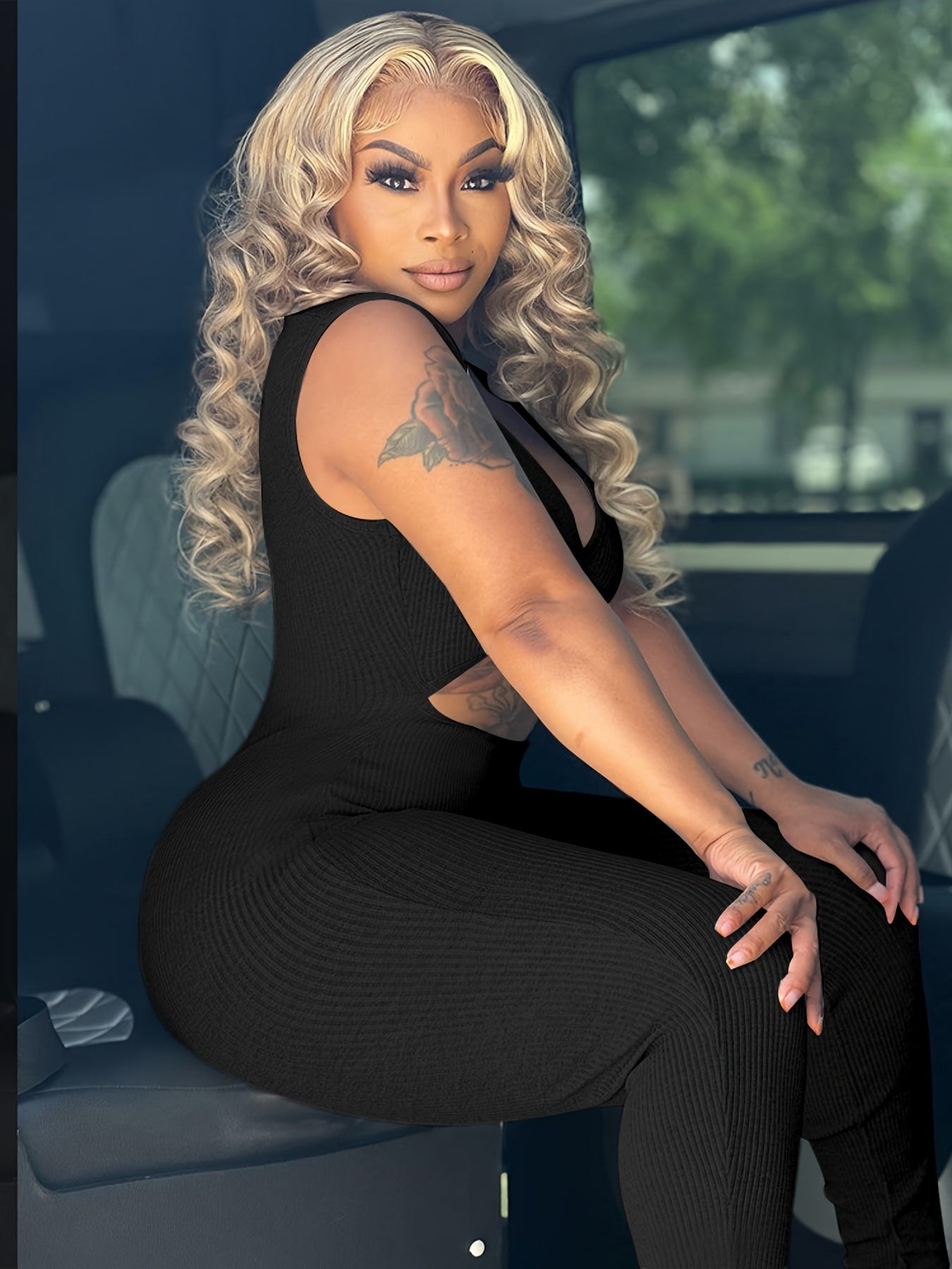 Cut Out Sleeveless Jumpsuit, Sexy Solid Bodycon Jumpsuit, Women's Clothing