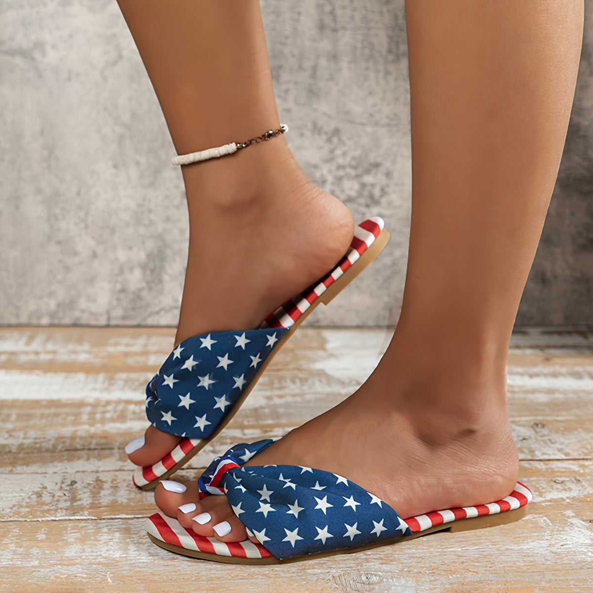 Four Season Strappy Back Canvas Slide Sandals - Comfortable Flat Heel Open Toe Shoes with Flag Pattern, Slip-on Closure, and Durable Rubber Sole for Daily Independence Day Wear