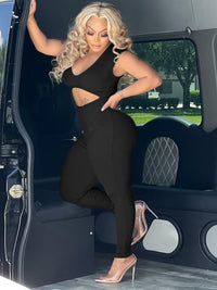 Cut Out Sleeveless Jumpsuit, Sexy Solid Bodycon Jumpsuit, Women's Clothing