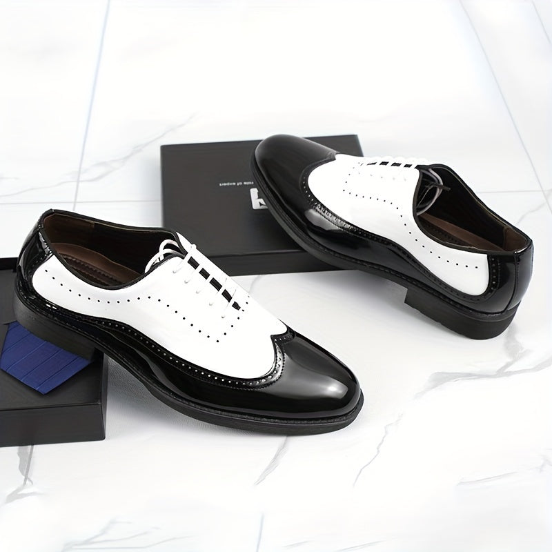Men's Trendy Color Bock Wingtip Oxford Shoes, Comfy Non Slip Durable Lace Up Elegant Formal Shoes, Men's Footwear