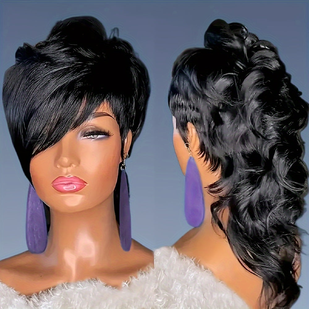 [Heat Resistant Mullet Wig] 180% Density Heat Resistant Synthetic Hair Wig - Chic Pixie Cut Mullet for Women - Long Wavy Style with Bangs, Beginner-Friendly, Voluminous Body Wave Texture