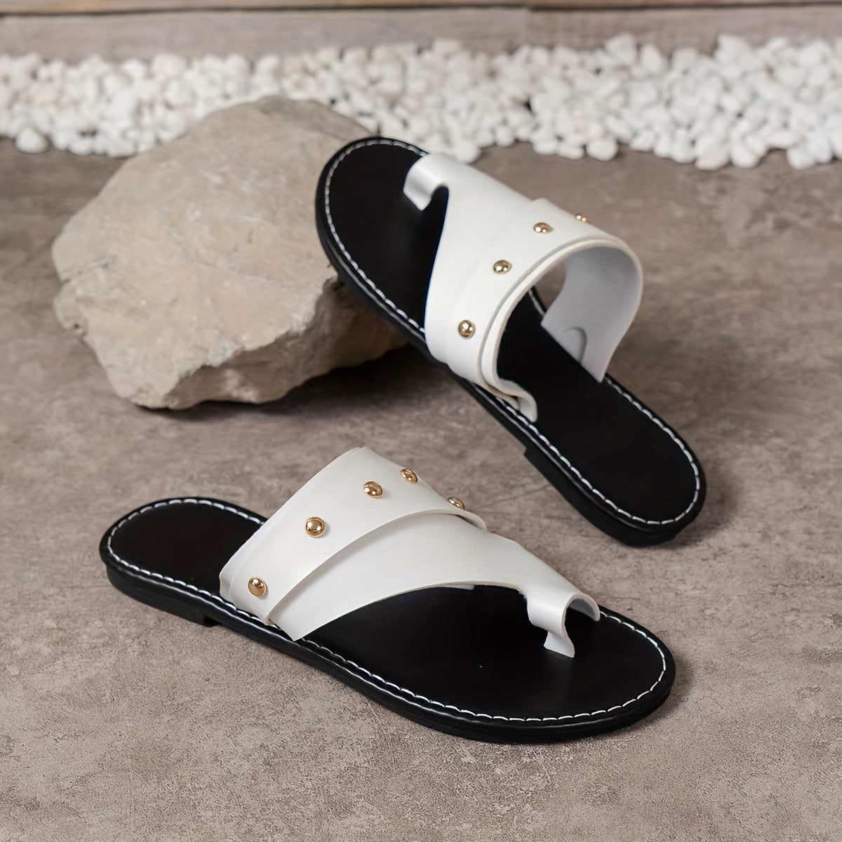 Stylish Studded Flat Sandals - Comfy Slip-On Shoes with Non-Slip Sole, Solid Color Toe Loop Design, Perfect for Summer Beach, Pool, and Outdoor Activities - Easy to Wear and Walk
