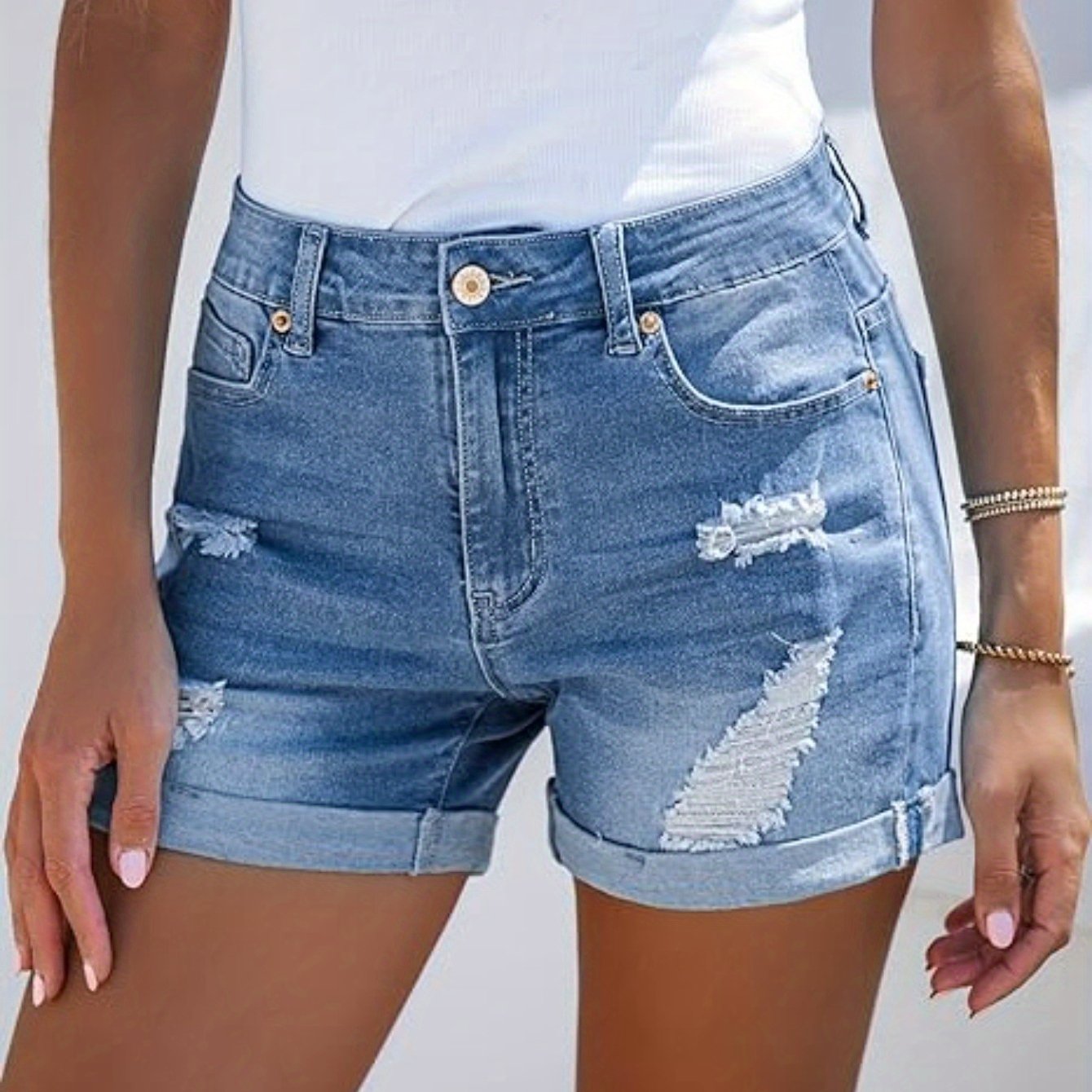 Stylish Womens High-Waisted Denim Shorts - Comfortable Rolled Hem, Ripped and Distressed Design, Breathable Summer Fashion, Blue Jean Shorts for Casual Outdoor Activities
