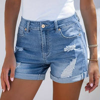 Stylish Womens High-Waisted Denim Shorts - Comfortable Rolled Hem, Ripped and Distressed Design, Breathable Summer Fashion, Blue Jean Shorts for Casual Outdoor Activities
