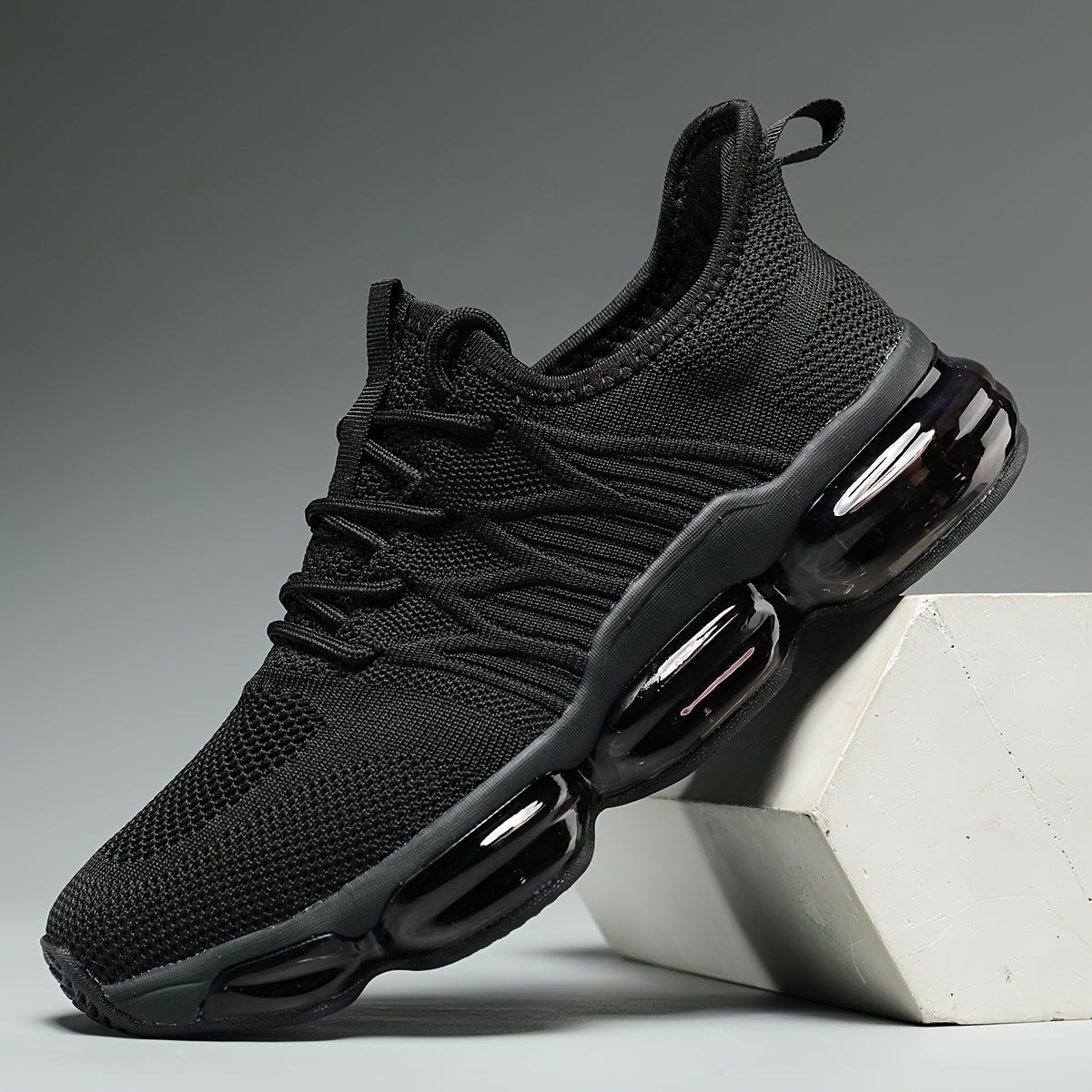 Men's Trendy Solid Colour Woven Knit Breathable Running Shoes With Air Cushion, Comfy Non Slip Durable Shock Absorbing Sneakers, Men's Footwear
