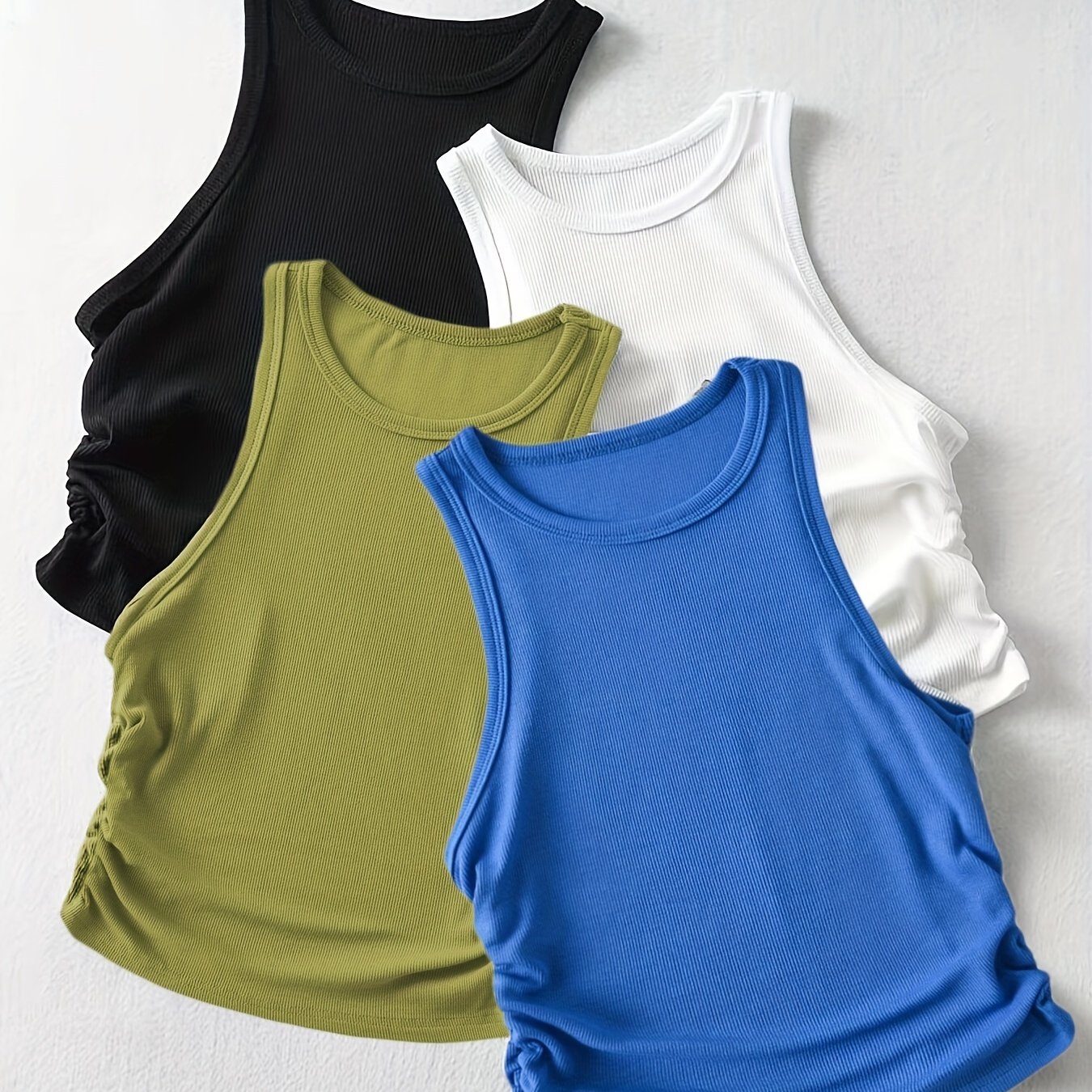 4 Packs Side Ruched Tank Tops, Y2K Crew Neck Tank Tops For Summer, Women's Clothing