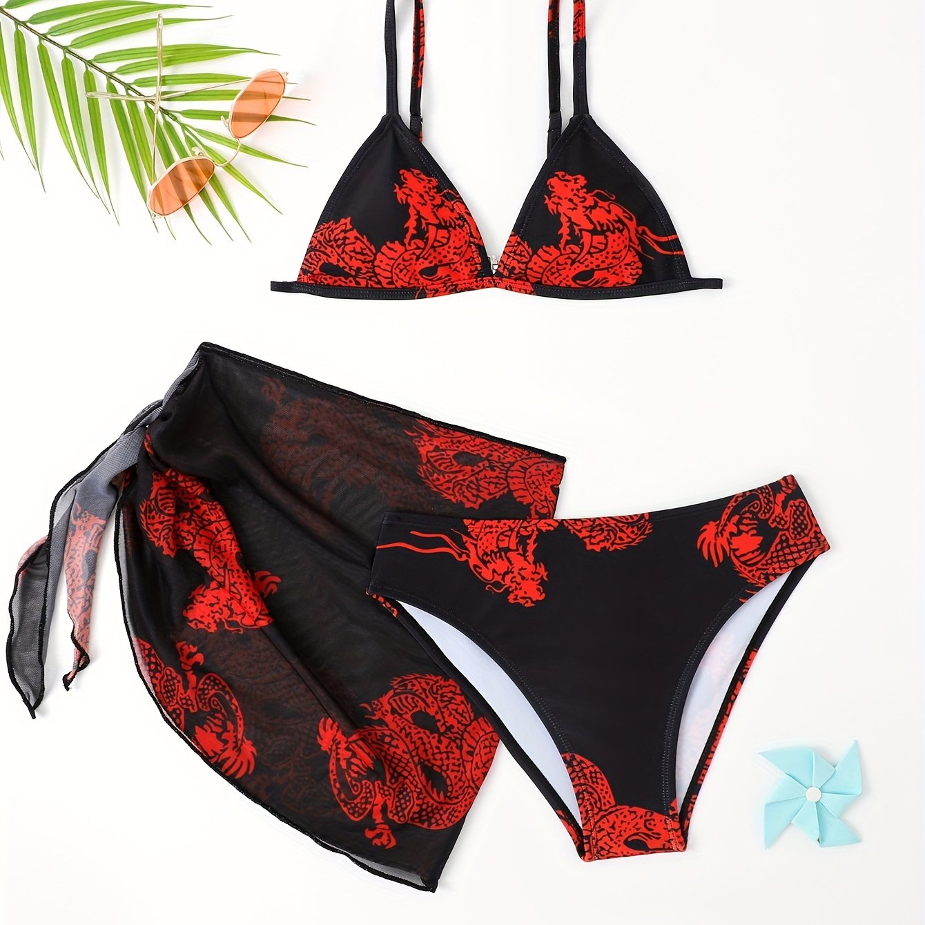 Trendy & Elegant Girls 3pcs Bikini Swimwear Set Comfy Bathing Suit Summer Clothes Beach