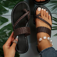 Women's Flat Slide Sandals, Toe Loop Braided Band Slip On Shoes, Casual Beach Slides