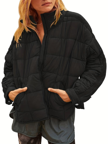 Zip Up Solid Coat, Casual Long Sleeve Winter Warm Versatile Outerwear, Women's Clothing