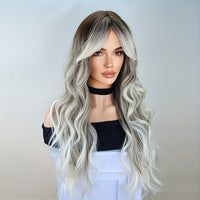 Long Ombre Brown Blonde Wavy Wigs With Curtain Bangs For Women Synthetic Curly Wig Heat Resistant Fiber Wigs For Daily Cosplay