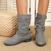 Mid Calf Ruched Buckle Solid Color Retro Western Short Boots For Women Cowboy Boots
