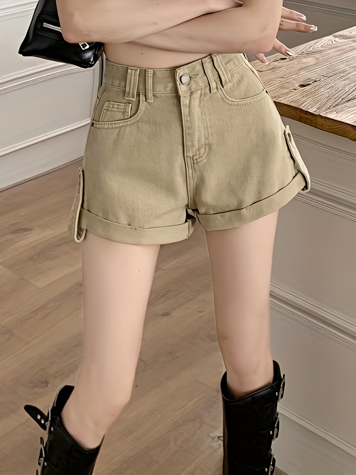 Distressed High Waist Denim Shorts for Women - Fashionable Slash Pockets A-Line Design, Comfortable Fit, Versatile Summer Style - Short Denim Pants, Womens Jeans Clothing