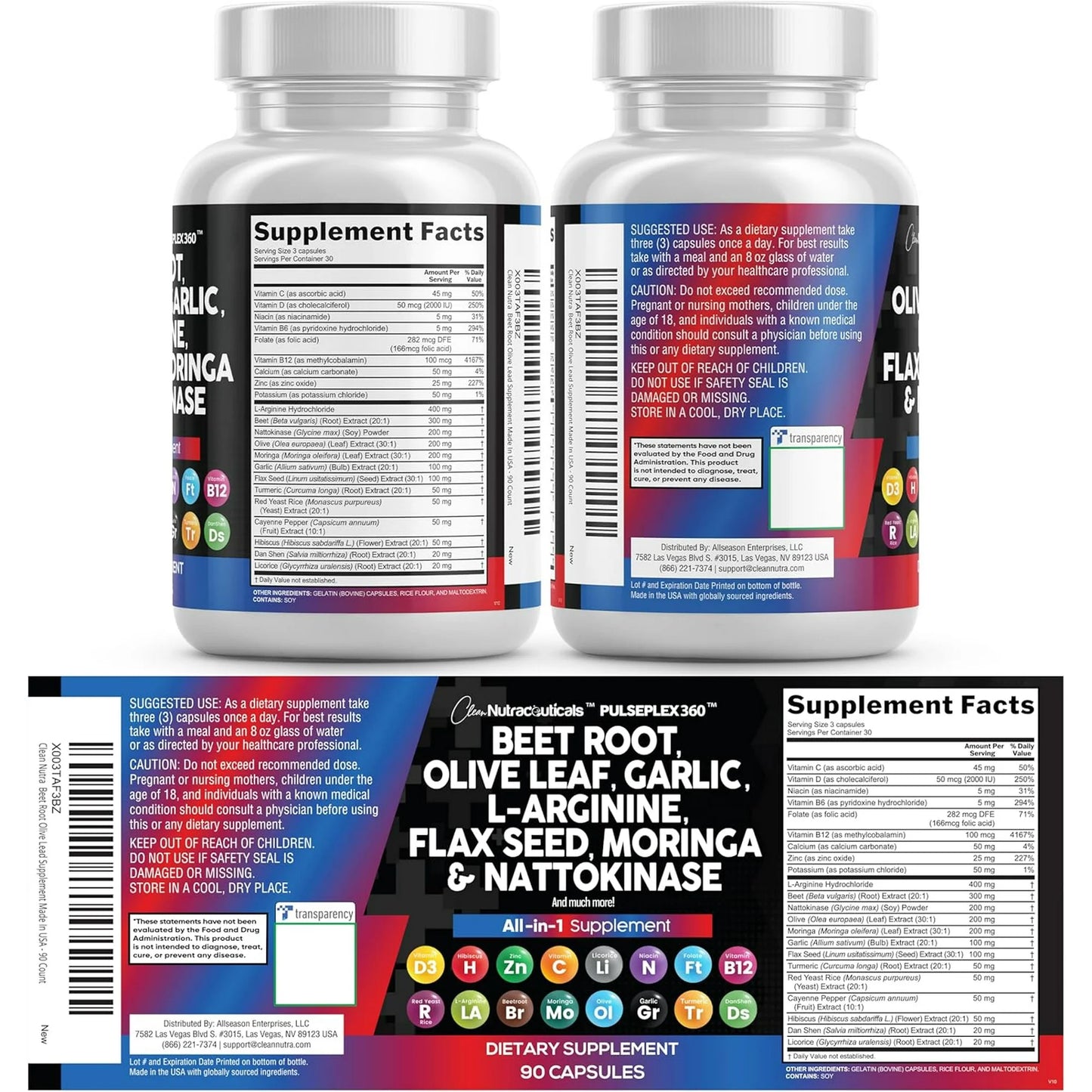 Beet Root Capsules 6000mg Olive Leaf 6000mg Nattokinase 4000 FU Garlic Extract 2000mg L-Arginine 400mg Omega 3 Red Yeast Rice Hibiscus Danshen - Healthy Support Supplement - USA Made