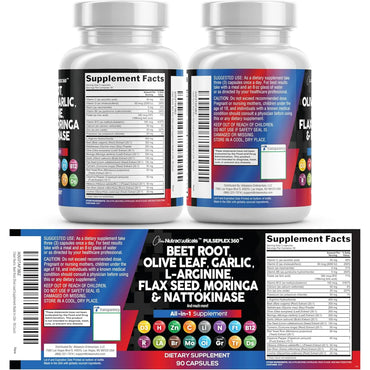 Beet Root Capsules 6000mg Olive Leaf 6000mg Nattokinase 4000 FU Garlic Extract 2000mg L-Arginine 400mg Omega 3 Red Yeast Rice Hibiscus Danshen - Healthy Support Supplement - USA Made