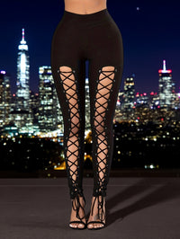 [Solid Color Cropped Leggings] High-Waist Leggings - Sexy Cross-Strap, Stretch Polyester Blend, Eyelet Detail, Solid Color Cropped Pants for Women - Perfect for Fall/Spring