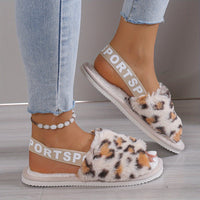 Leopard Print Fuzzy Flat Slippers, Open Toe Elastic Strap Slip On Shoes, Cozy & Warm Home Slipper Sandals
