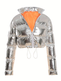 Full Zip Closure Padded Jacket For Women, Y2K Metallic Winter Warm Thickened Coat, Women's Outdoor Clothing Carnaval for Carnival & Music Festival