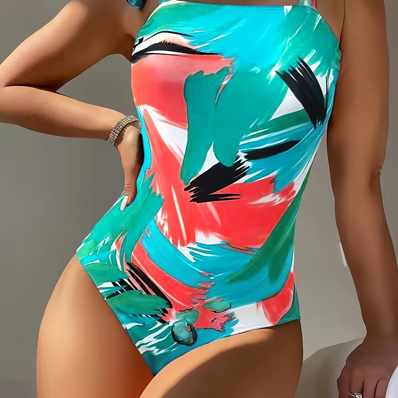 Chic Tie Shoulder Graffiti Brush Print One-piece Swimsuit - Stretchy, High Cut, Straight Neckline - Bold & Colorful, Womens Bathing Suit for Koningsdag/Kings Day Celebrations