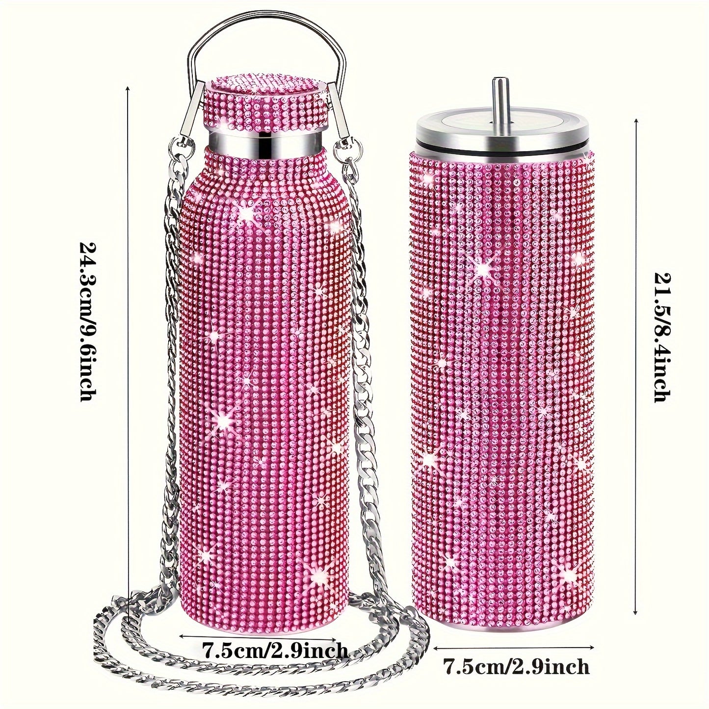 [Sparkling Steel Bottle] 2pcs Sparkling Pink 20oz Stainless Steel Insulated Water Bottles - Double-Walled, BPA-Free with Chain Strap & Lid, Ideal for Christmas, Valentine's, Thanksgiving, Mother's Day, Graduation Gifts, Holid
