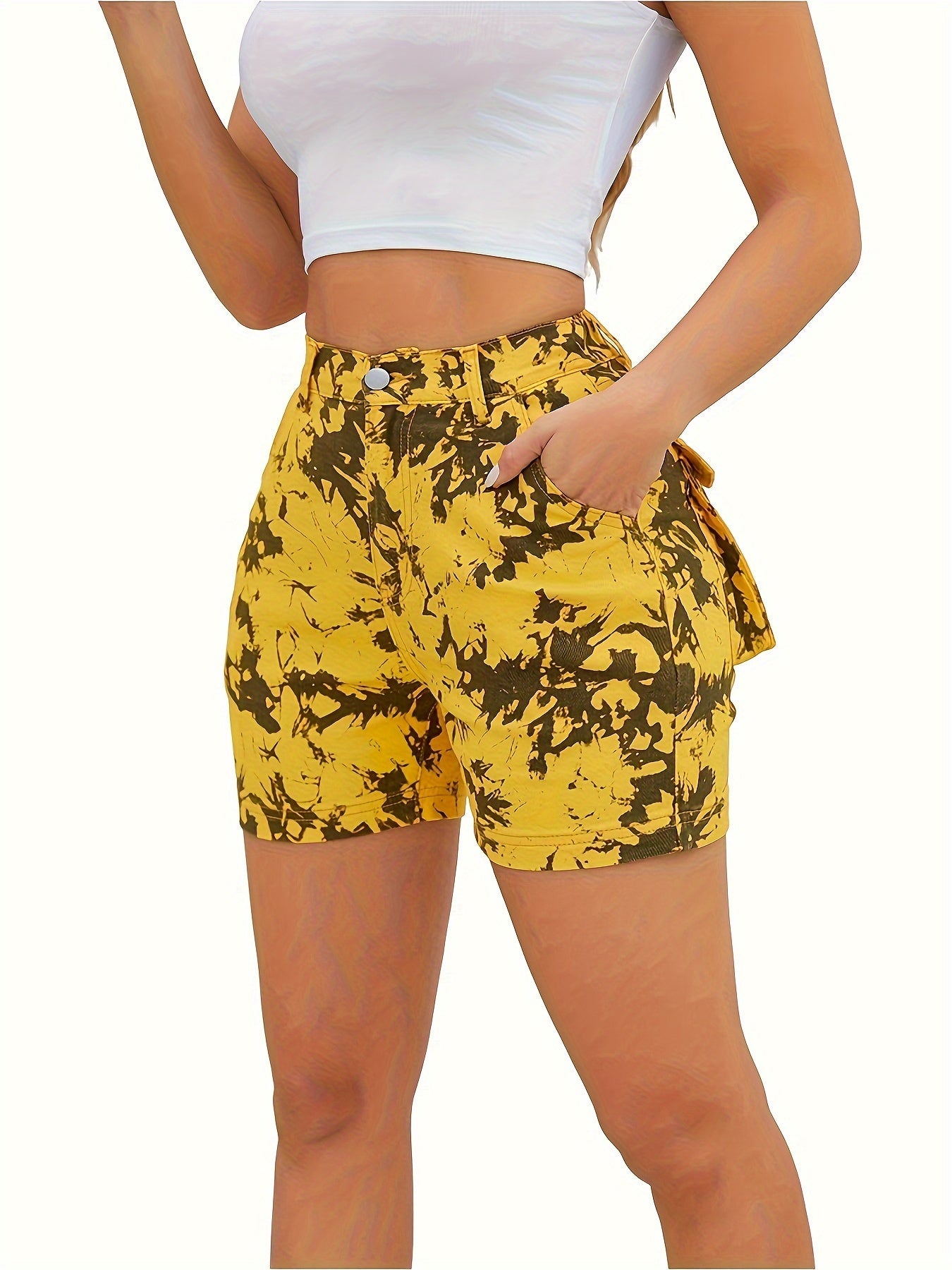 Women's High Waist Camouflage Print Denim Shorts, Elastic Streetwear Style, Casual Summer Hot Pants with Pockets