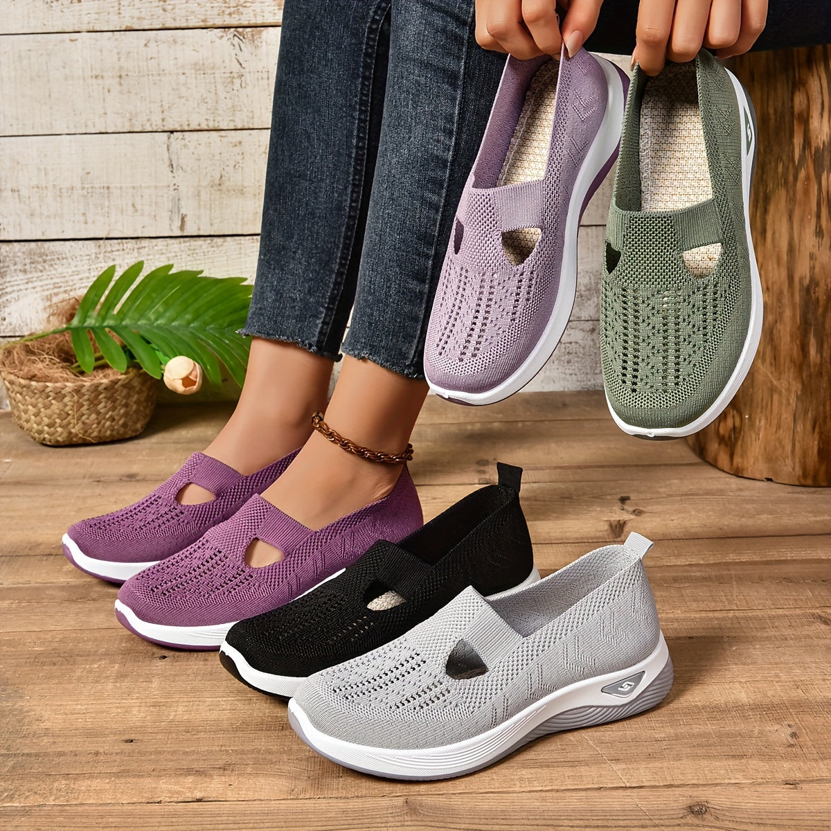 Women's Cut-out Sneakers, Casual Breathable Slip On Walking Shoes, Lightweight Outdoor Flat Shoes