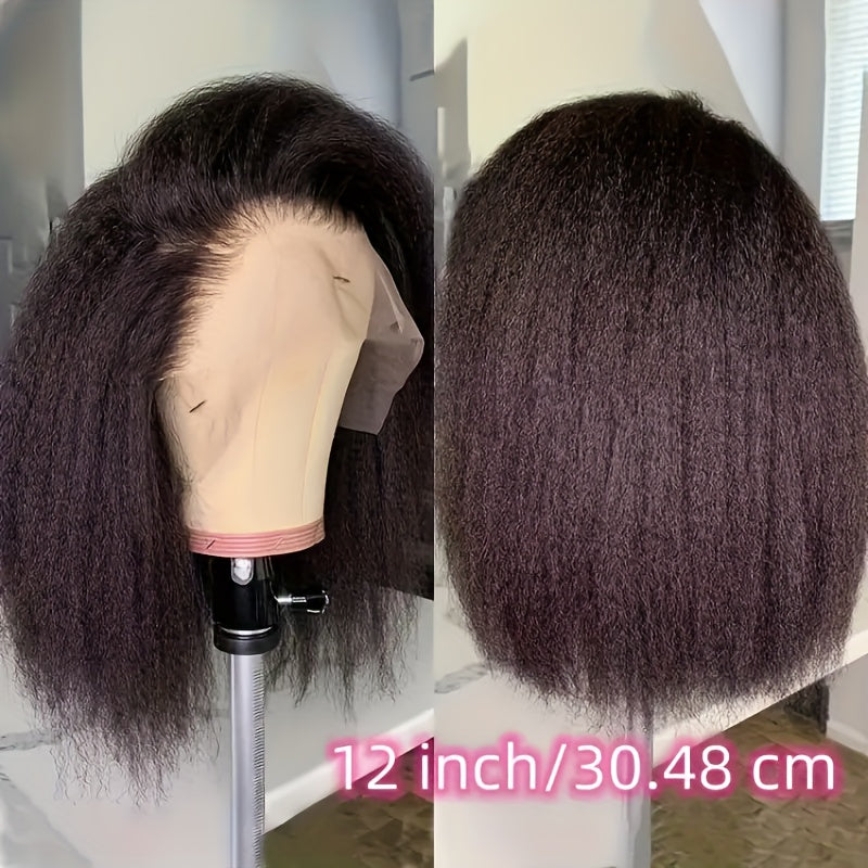 Kinky Straight Short Bob Wig 10-16 - HD Transparent 13x4 Lace Frontal, Glueless Swiss Lace - Pre-Plucked, High Density Natural Hair for Women