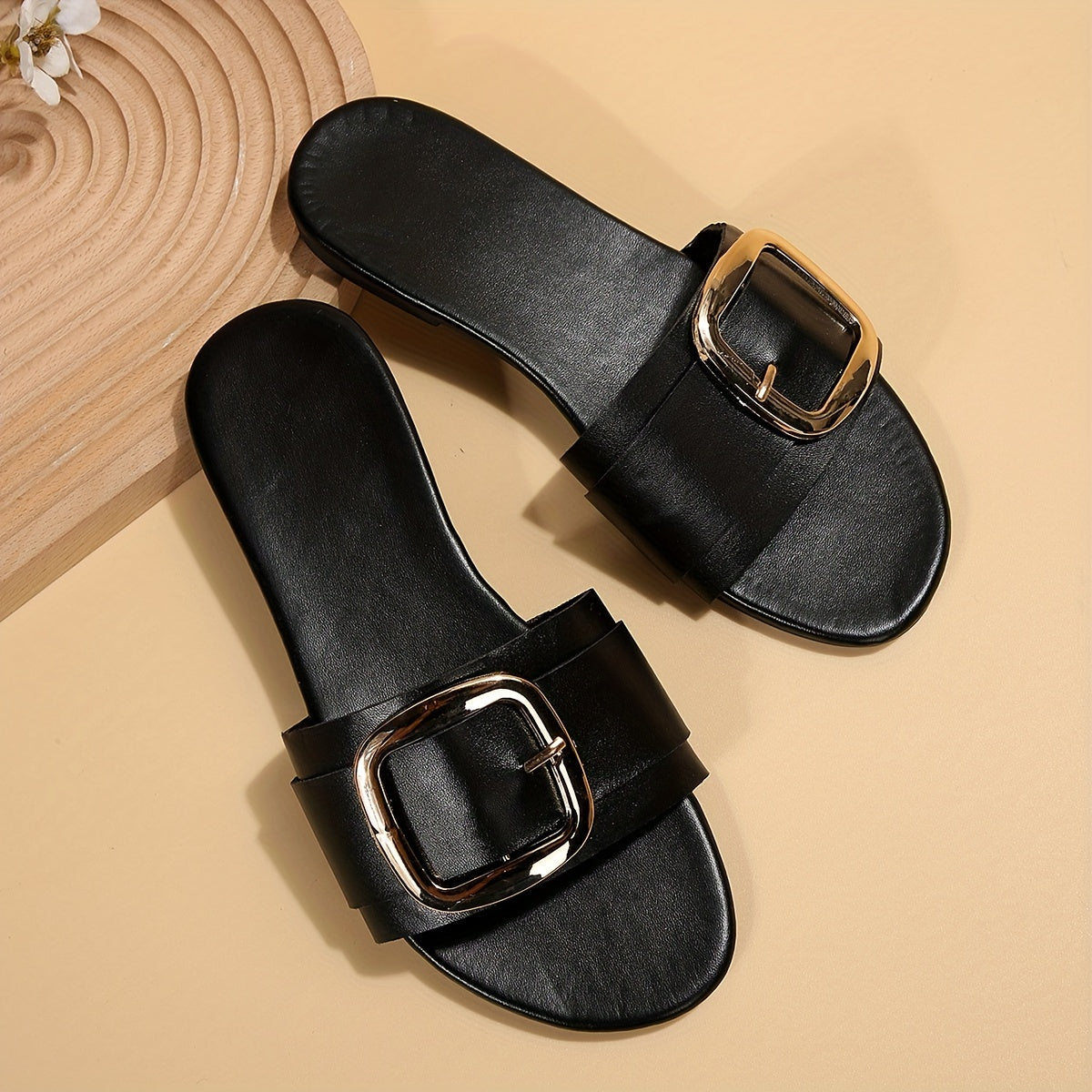 Women's Square Buckle Design Slide Sandals, Casual Slip On Flat Summer Shoes, Lightweight Beach Shoes