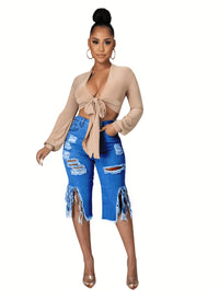 Trendy Women's Distressed Denim Shorts - Fringe Hem, Stylish, Comfortable for Casual Wear
