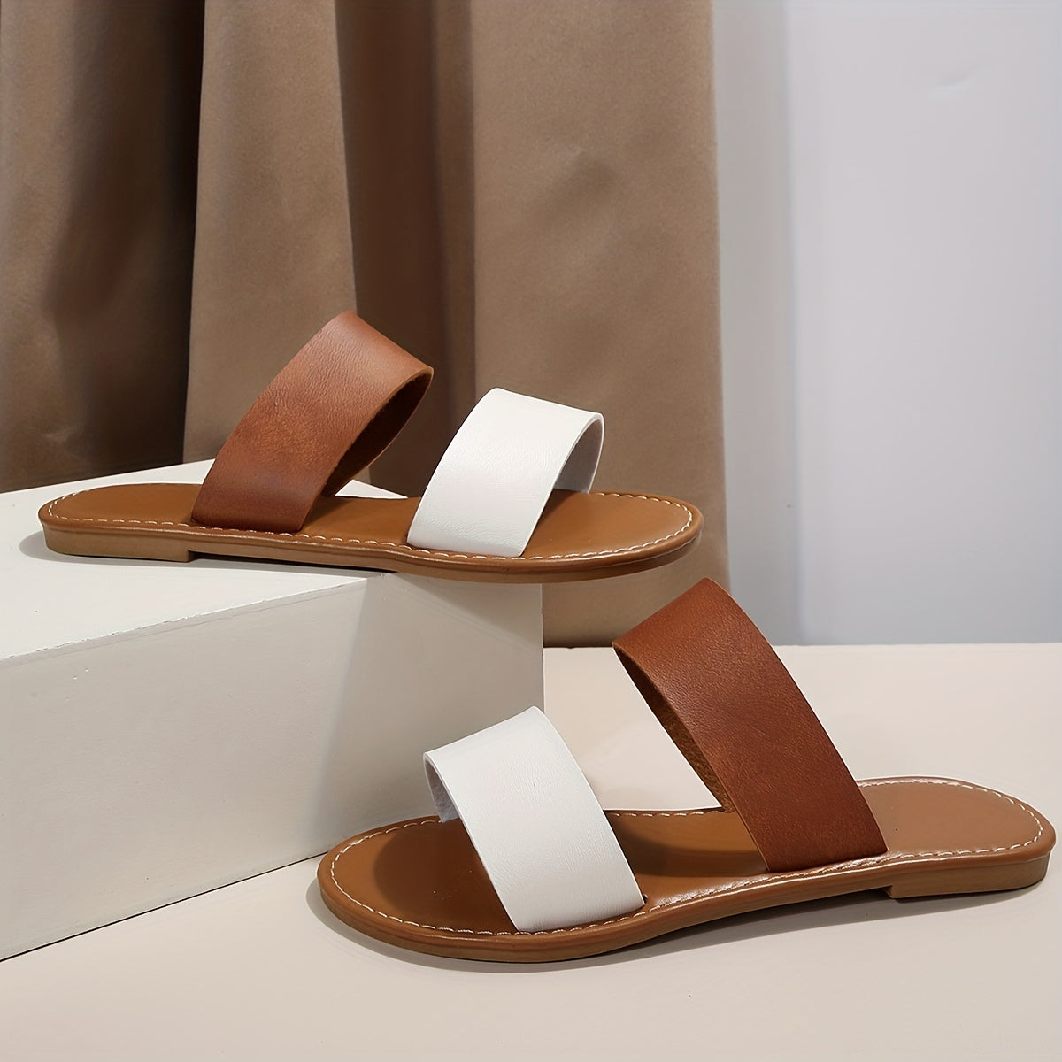 Women's Contrast Color Slide Sandals, Casual Slip On Flat Summer Shoes, Lightweight Beach Shoes