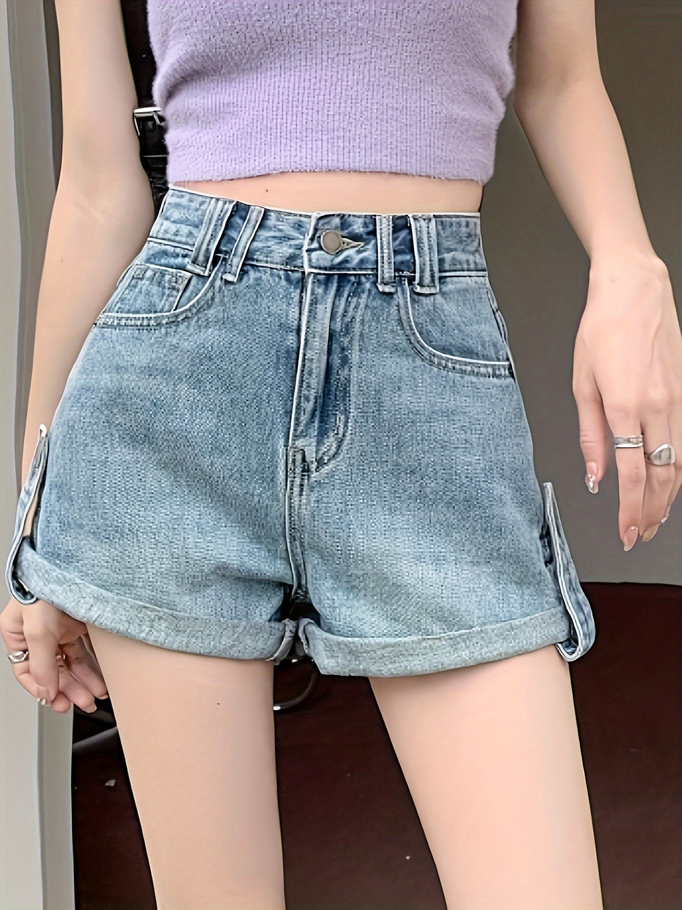 Distressed High Waist Denim Shorts for Women - Fashionable Slash Pockets A-Line Design, Comfortable Fit, Versatile Summer Style - Short Denim Pants, Womens Jeans Clothing