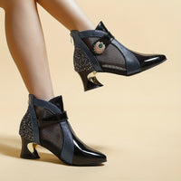 Women's Rhinestone Mesh Ankle Boots with Pointed Toe, Fashionable Short Boots
