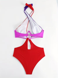 Colorblock Halter Neck One Piece Swimsuit, Cut Out Backless High Cut Bathing Suit, Women's Swimwear & Clothing