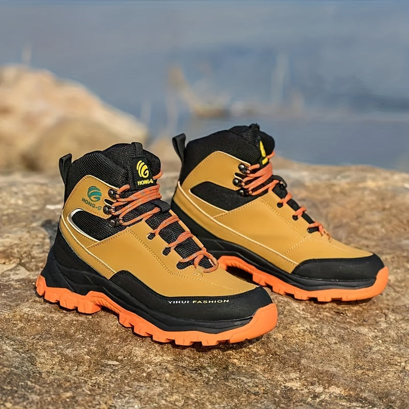 Men's High Top Color Block Steel Toe & Puncture Proof Work Boots, Comfy Non Slip Durable Rubber Sole Lace Up Shoes, Men's Footwear