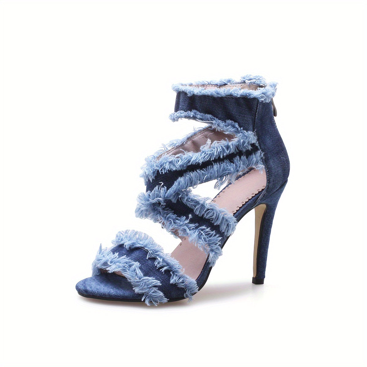 Women's Denim Stiletto Sandals, Cross Strap Peep Toe Cut-out High Heels, Back Zipper Design Sandals