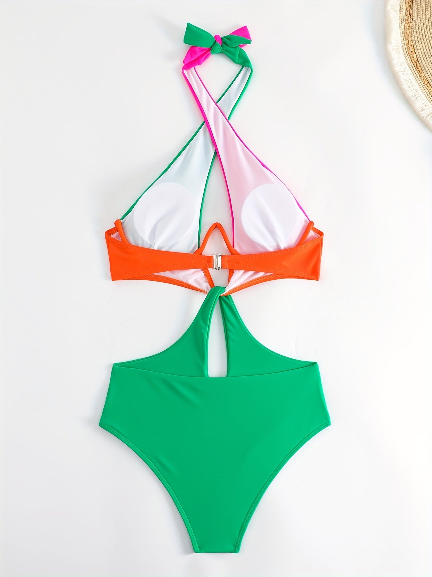 Colorblock Halter Neck One Piece Swimsuit, Cut Out Backless High Cut Bathing Suit, Women's Swimwear & Clothing